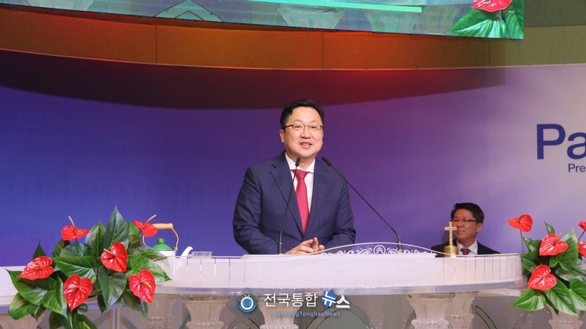 동구 기독교연합회 제77주년 8.15광복절 기념연합예배에서 축사하는 이장우 대전시장./전국통합뉴스=이승주 기자