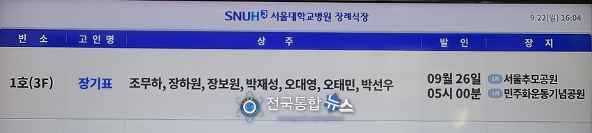 장기표 위원장의 빈소와 발인과,장지 안내판 / 김경옥 기자