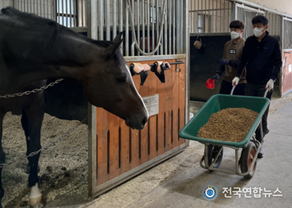 사료 배급하는 대전시설관리공단 임재남 이사장